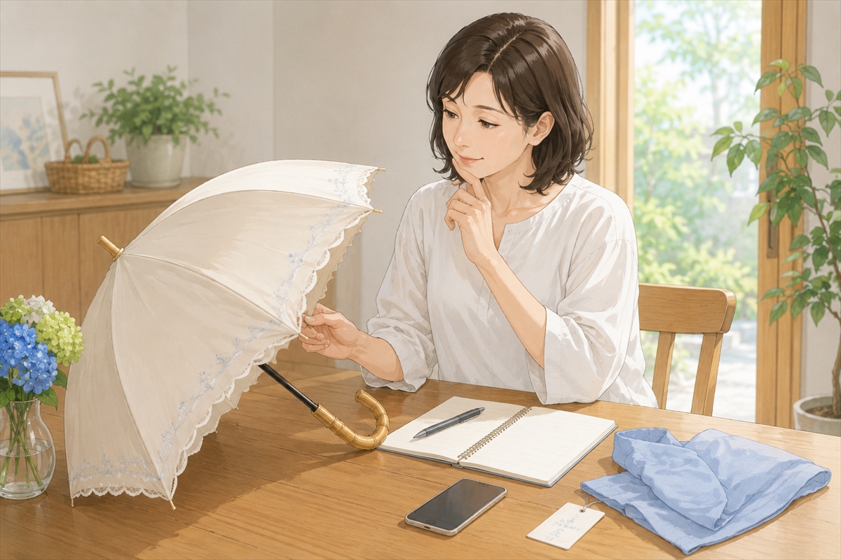 日傘のUVカット率や遮光率の疑問を整理する様子