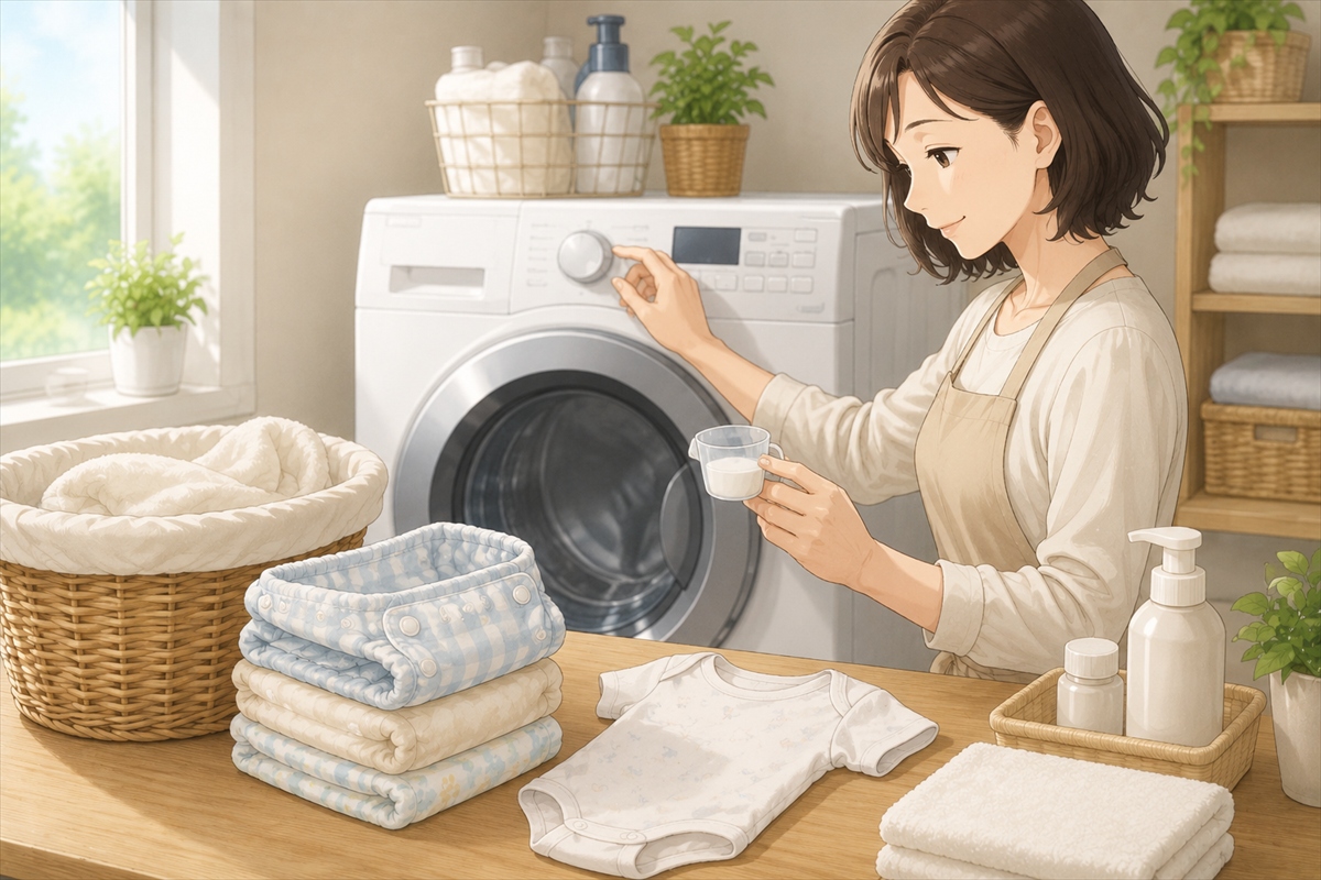 オムツ洗濯で洗剤量とすすぎ設定を確認する様子