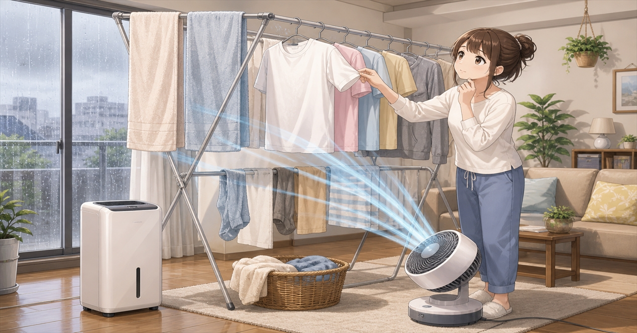 室内干しが乾かない原因は湿気と風不足！2026年の節電目線で選ぶ除湿機・サーキュレーター・ニトリ活用術