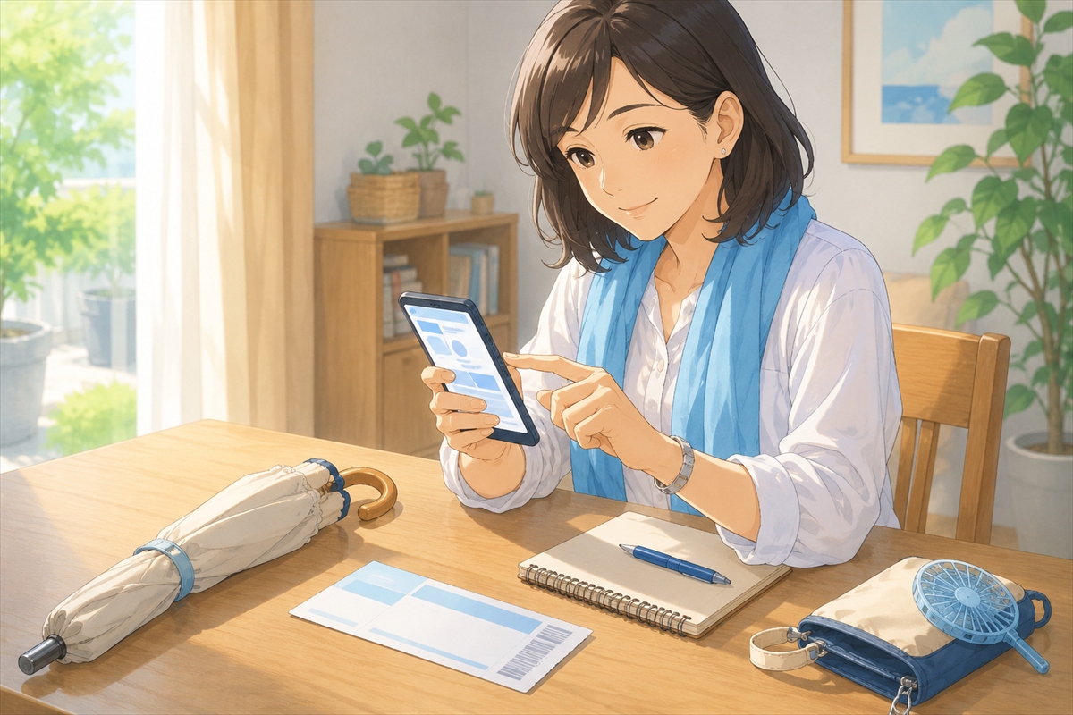 スポーツ観戦で日傘を使う前に会場ルールをスマホで確認する様子