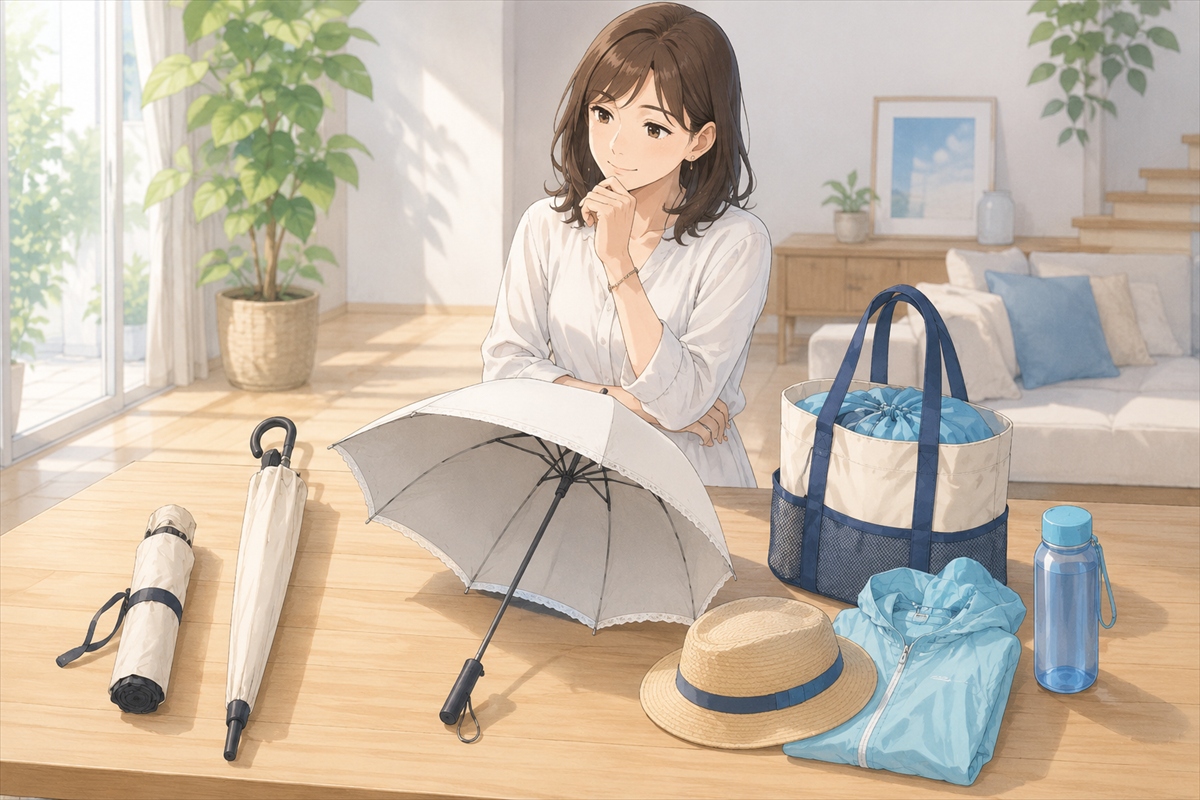 スポーツ観戦用に折りたたみ日傘と長傘と晴雨兼用日傘を比較する様子
