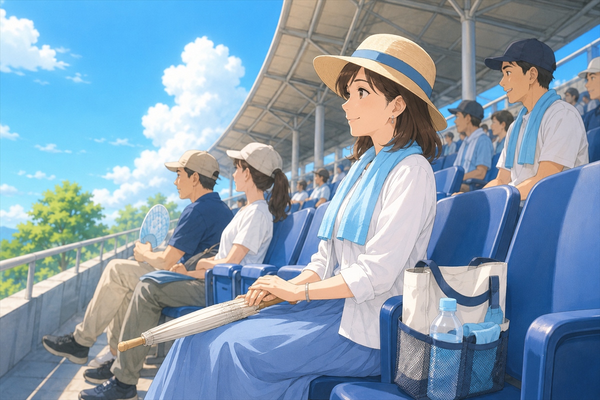 スポーツ観戦の座席で日傘を閉じて周囲の視界に配慮する様子