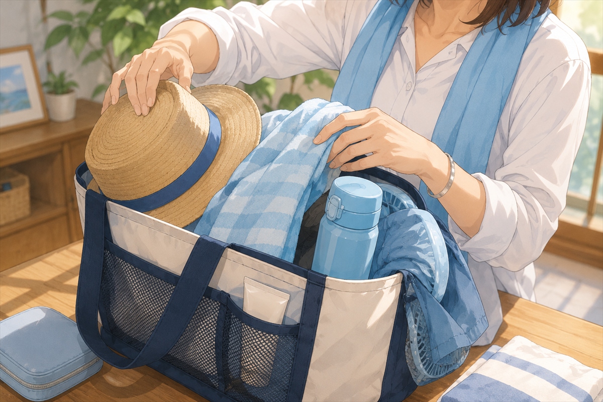 日傘が使えないスポーツ観戦に帽子やタオルや飲み物を準備する様子