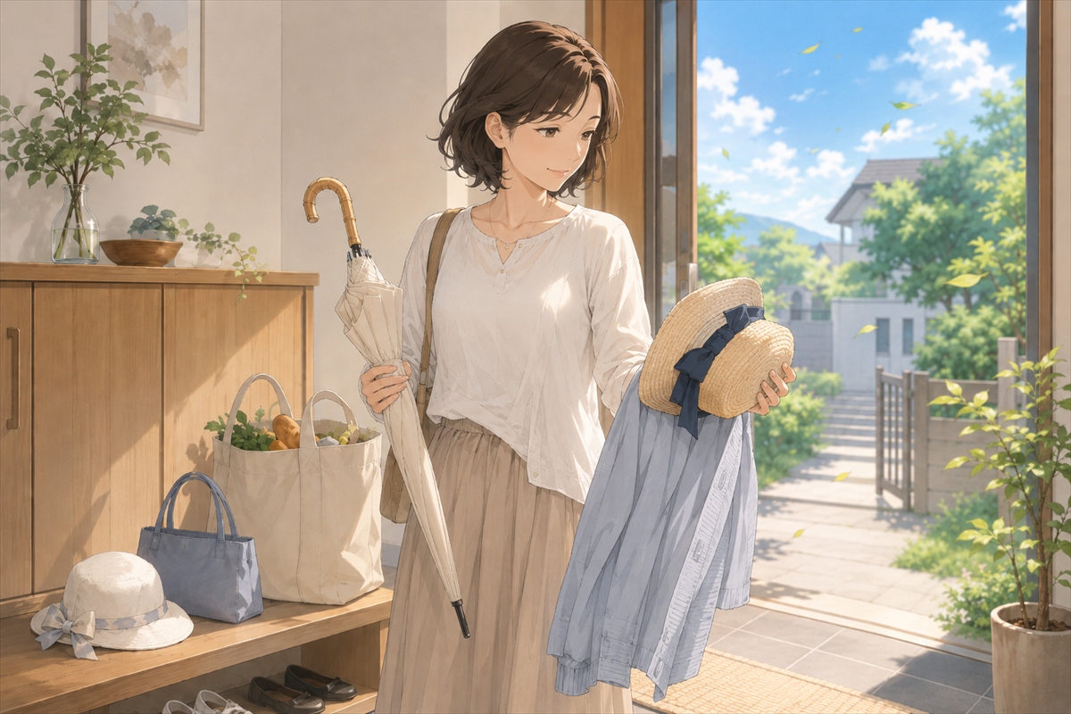 風に強い日傘と帽子や羽織りを外出前に確認する主婦