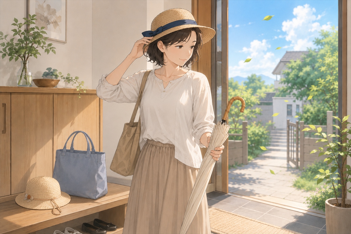 風が強い日に日傘を閉じて帽子に切り替える主婦