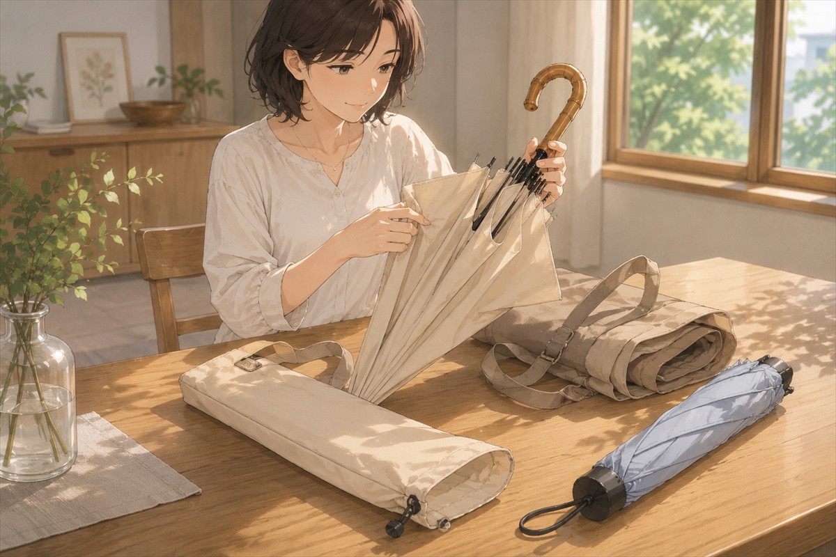 風に強い折りたたみ日傘の骨のつなぎ目と収納袋を確認する様子