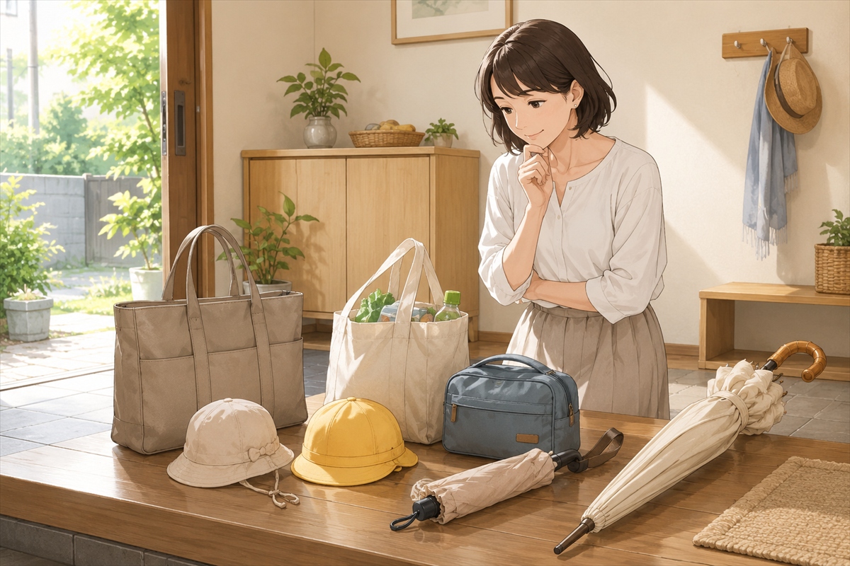 通勤や送迎や買い物や旅行に合わせて風に強い日傘を選ぶ様子
