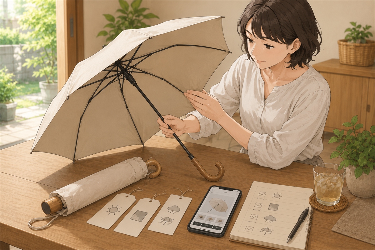 風に強い日傘のUVカット率や遮光率や晴雨兼用を商品タグで確認する様子 
