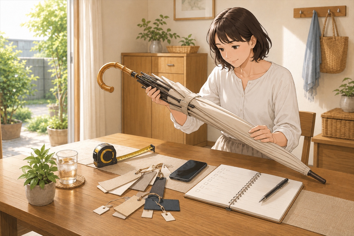 風に強い日傘の購入前チェックリストを確認する主婦