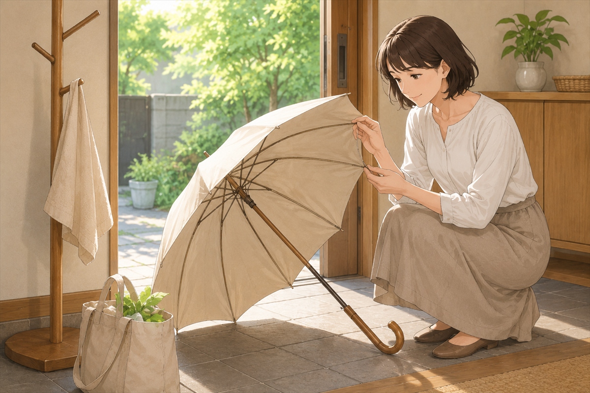 風に強い日傘を使った後に陰干しして骨の状態を確認する様子