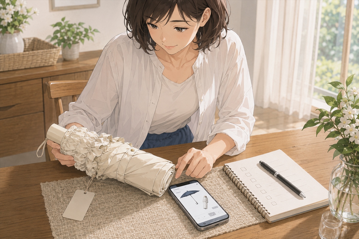完全遮光折りたたみ日傘の商品表示を購入前に確認する手元