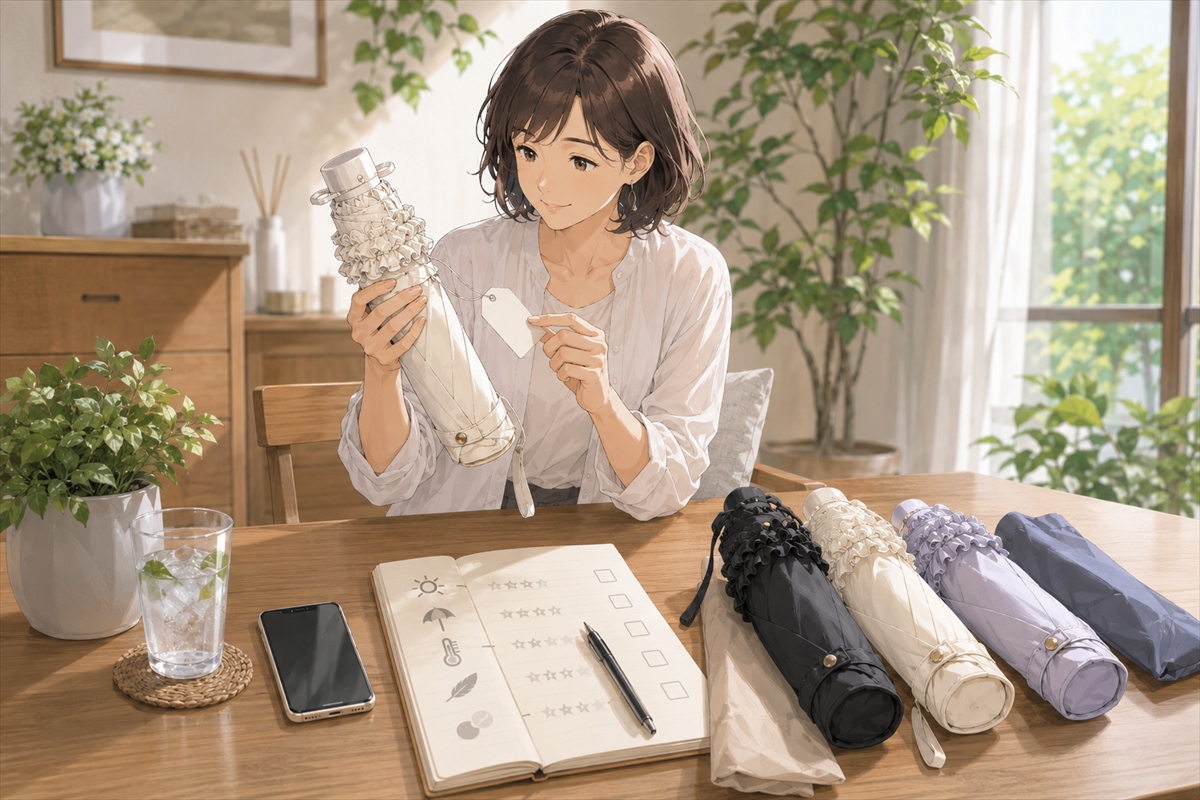 完全遮光日傘の遮光率やUVカット率や遮熱加工を確認する様子