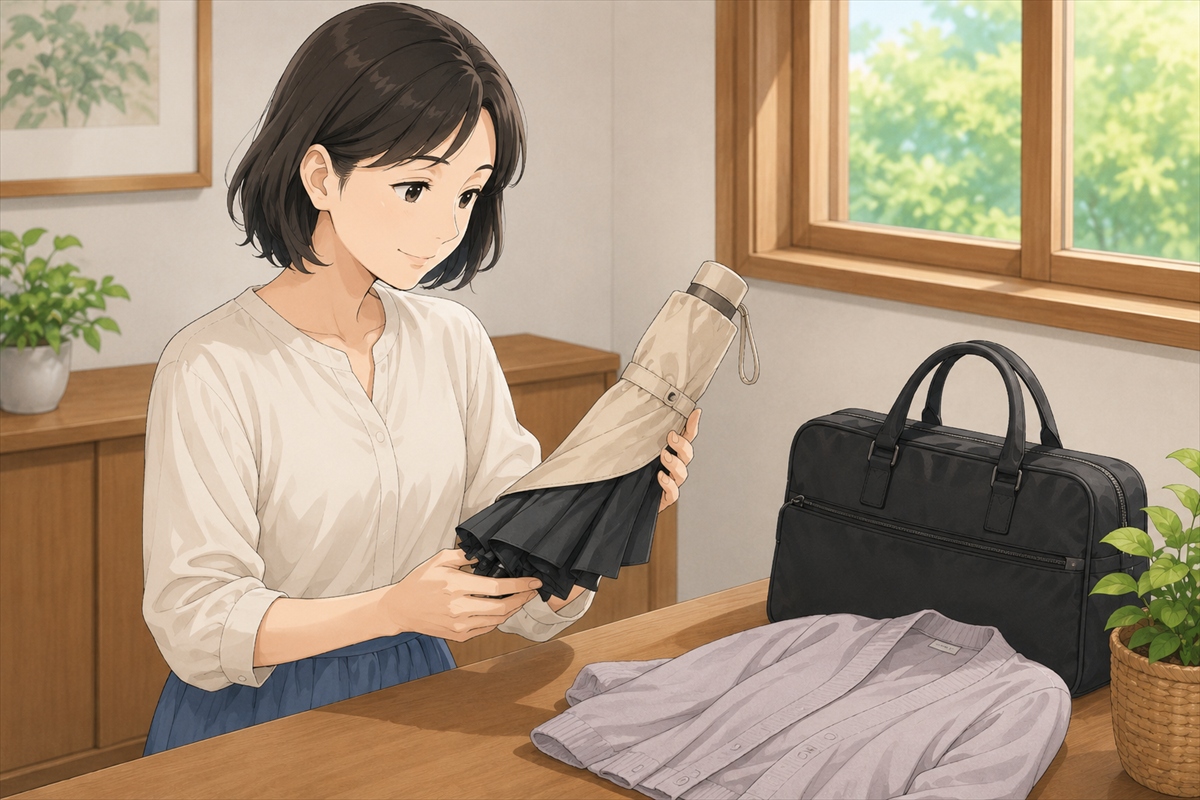 おしゃれな完全遮光日傘の外側デザインと内側の色を確認する様子