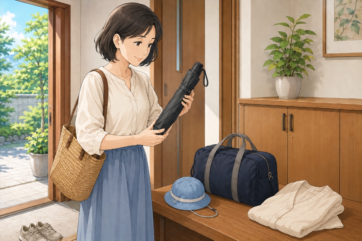 子どもの送迎で安全に使える完全遮光折りたたみ日傘を準備する様子