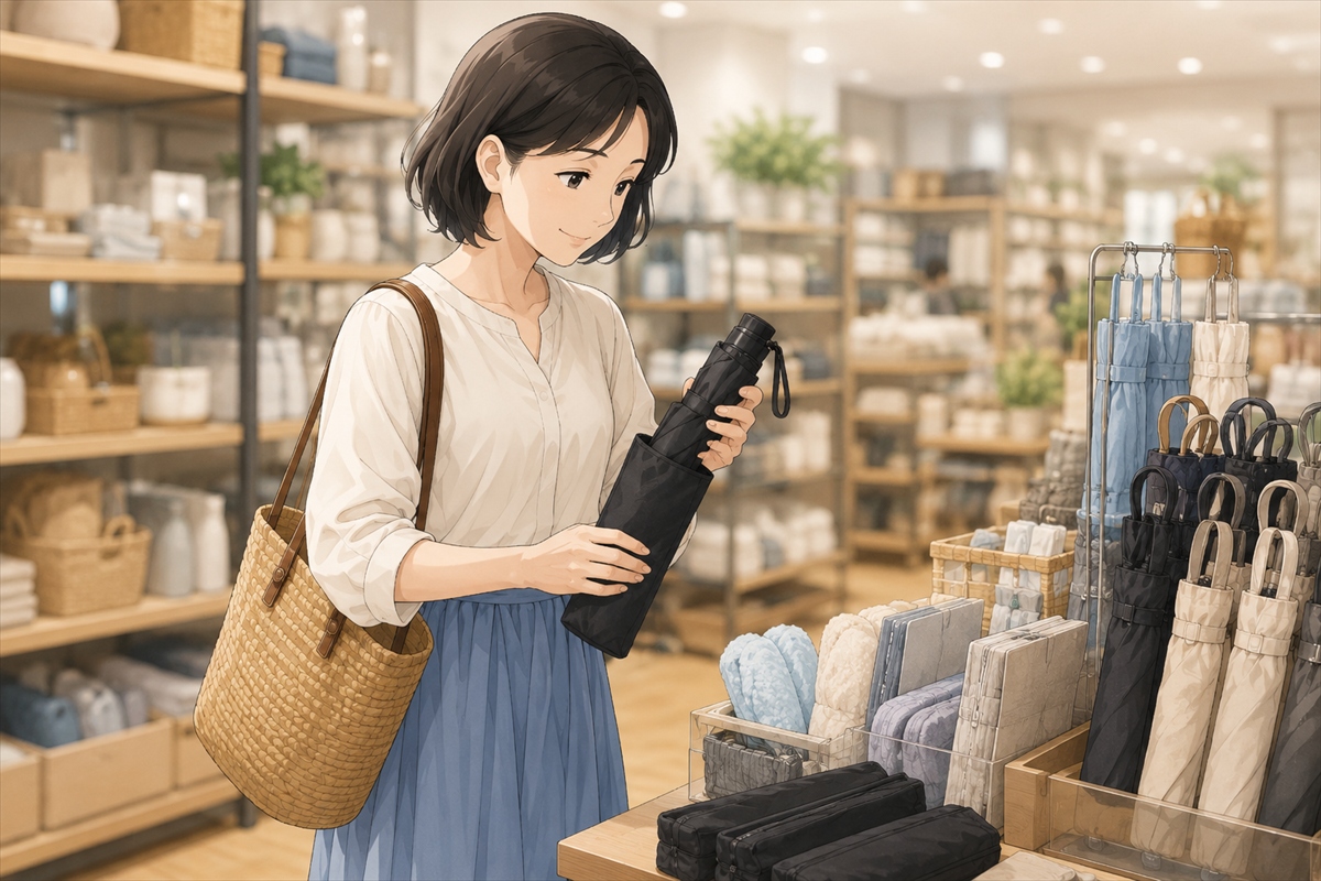 店舗で折りたたみ日傘の開閉や収納袋への戻しやすさを確認する様子