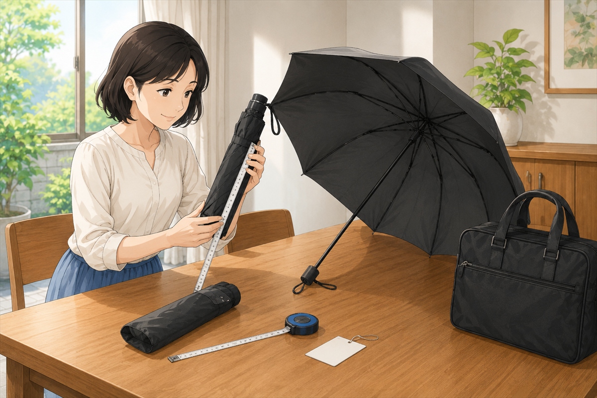 軽量でコンパクトな完全遮光折りたたみ日傘のサイズを確認する様子