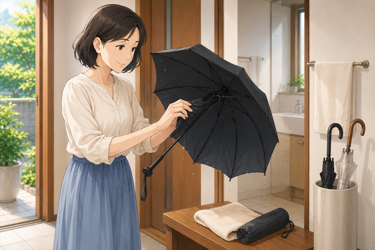 濡れた完全遮光折りたたみ日傘を帰宅後に乾かす様子