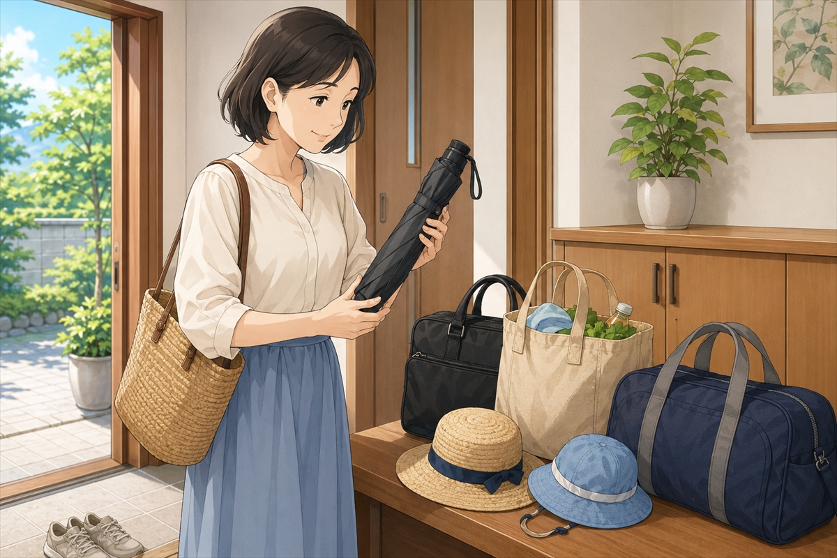 完全遮光の折りたたみ日傘を自分の使い方に合わせて選ぶ様子