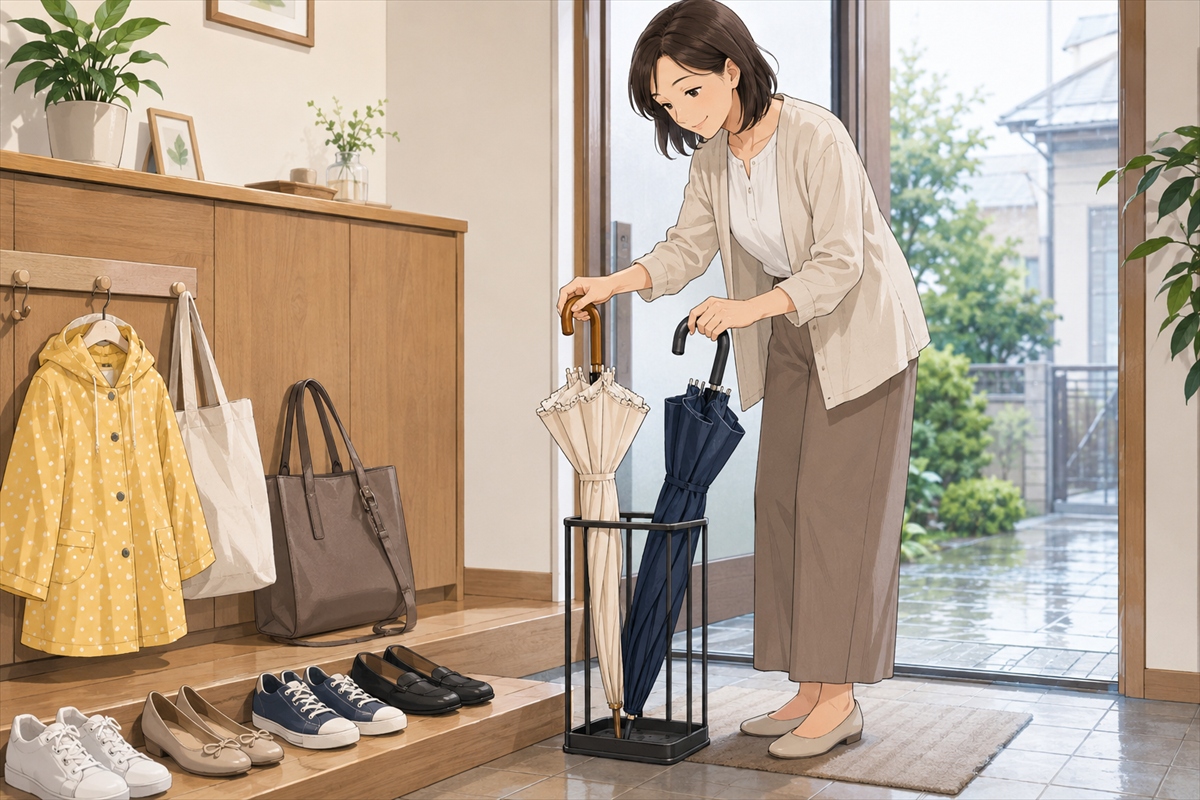 晴雨兼用傘の違いを玄関で確認する主婦の様子