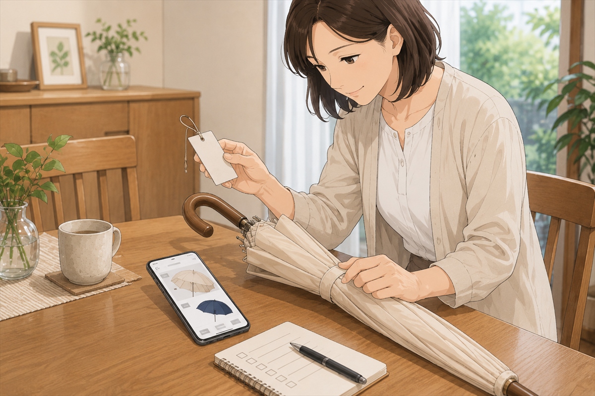 晴雨兼用傘の商品タグで日傘ベースか雨傘ベースか確認する手元