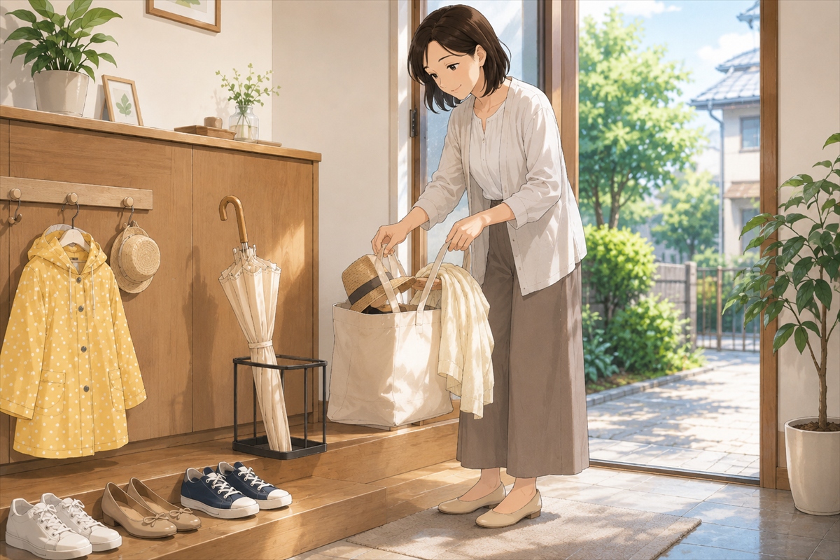 日差し対策を重視した晴雨兼用日傘と買い物バッグ