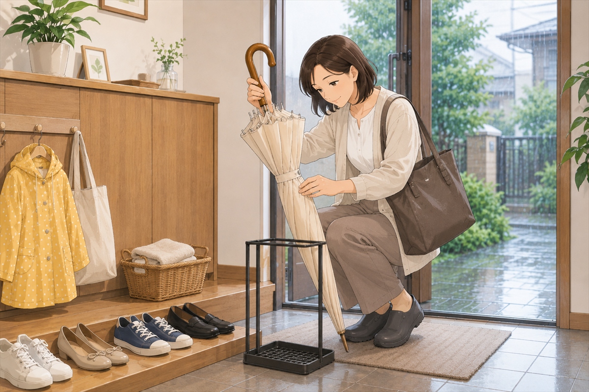 雨の日の通勤に使いやすい晴雨兼用雨傘を準備する様子