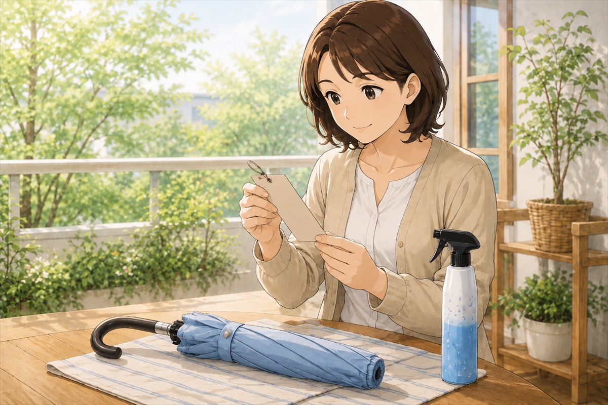 晴雨兼用傘に撥水スプレーを使う前に商品タグを確認する様子
