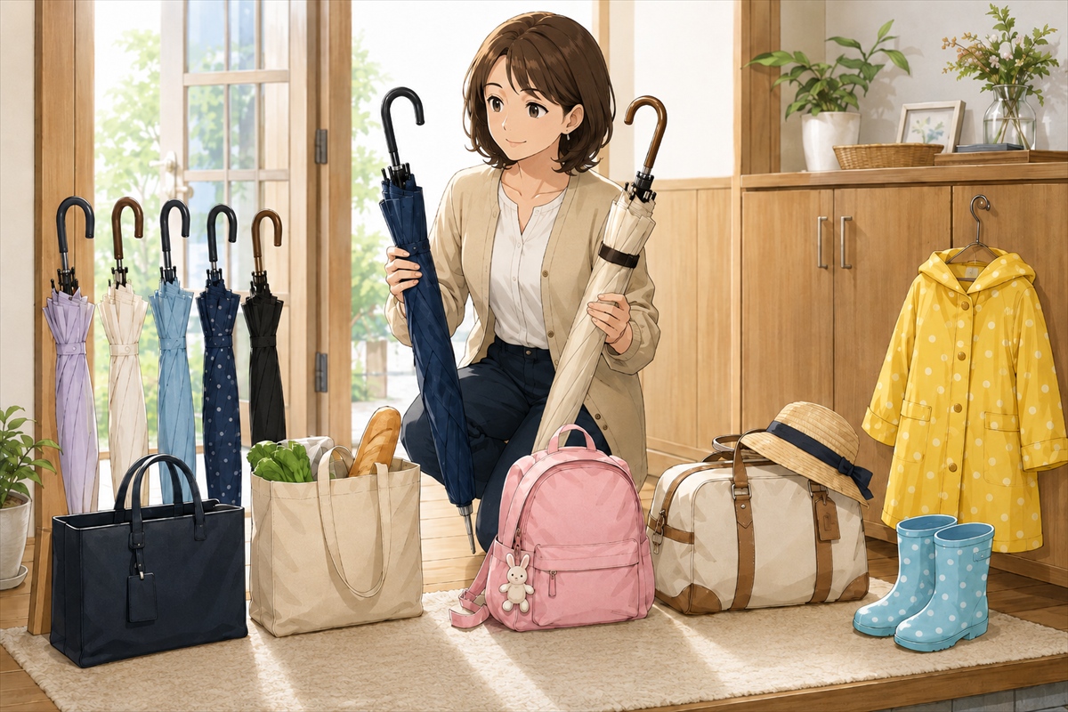通勤や買い物や送迎に合わせて晴雨兼用傘を選ぶ様子