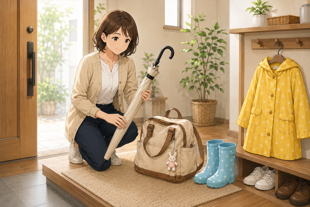 子どもの送迎で安全に使える晴雨兼用傘を準備する様子