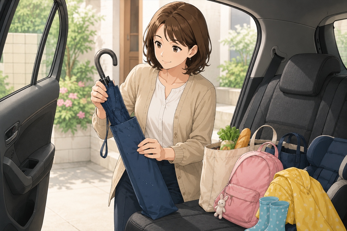 車移動で晴雨兼用傘を傘袋に入れて扱う様子
