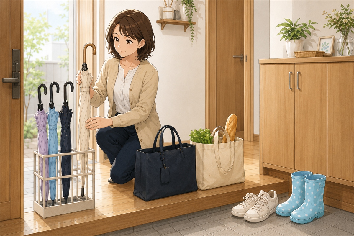 晴雨兼用傘を乾かして玄関の傘立てに戻す様子