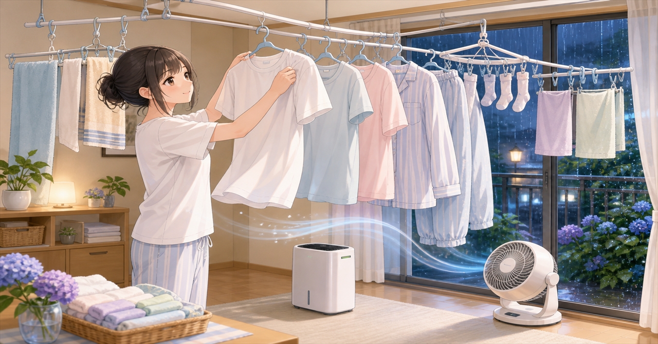 洗濯を夜に干すなら梅雨でも臭わせない｜6月の湿気・防犯・生乾き対策までやさしく解説