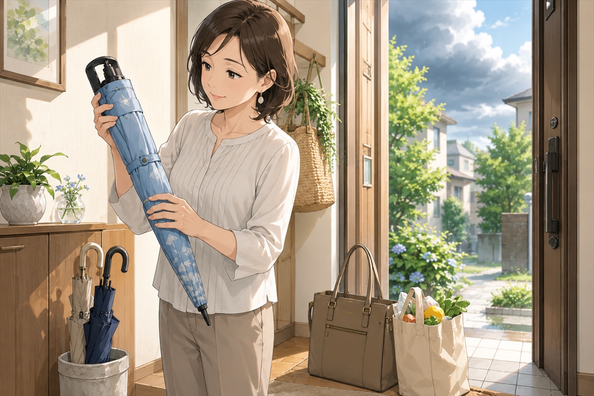 晴雨兼用日傘を選び日差しと急な雨に備える女性の様子