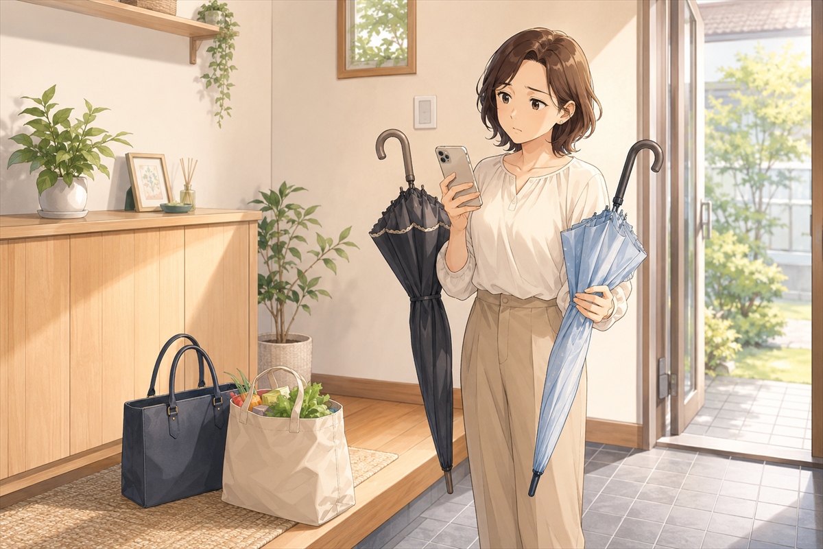 玄関で日傘と雨傘のどちらを持つか迷う女性の様子