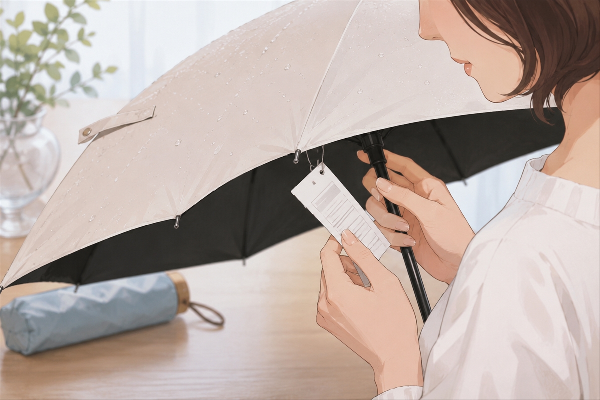 晴雨兼用日傘の雨の日の使用条件を商品タグで確認する様子