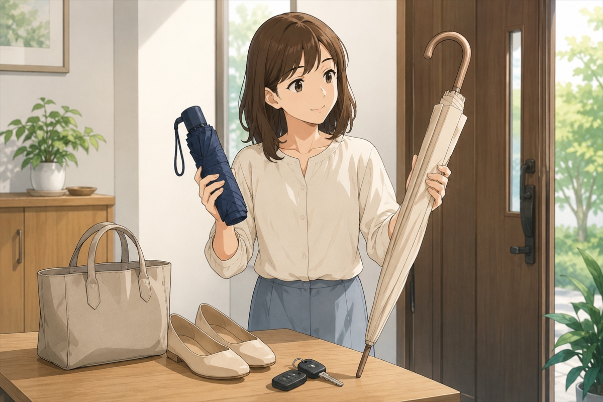 折りたたみと長傘の晴雨兼用日傘を使う場面で比較するイメージ 
