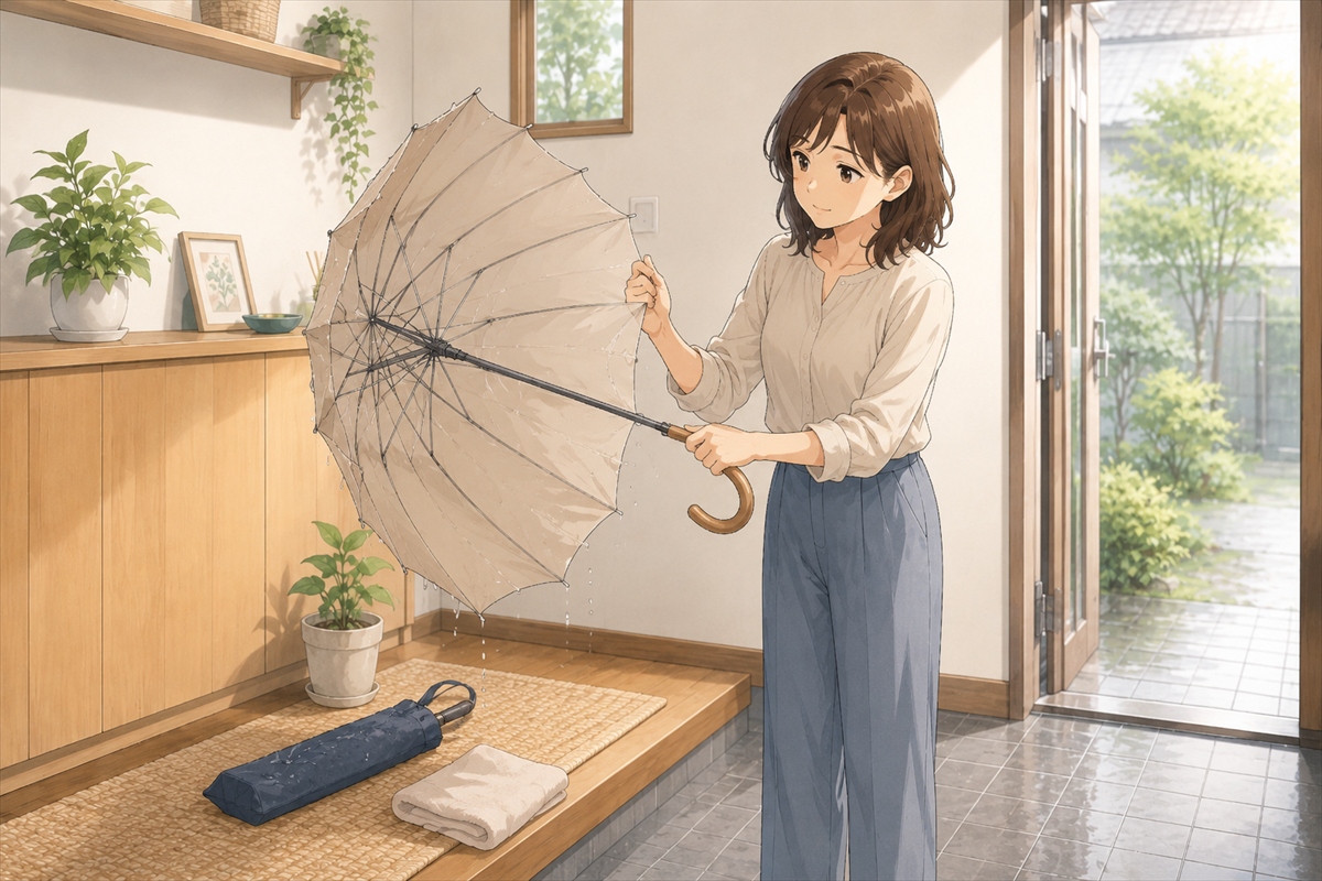 雨の日に使った晴雨兼用日傘を玄関で乾かす様子