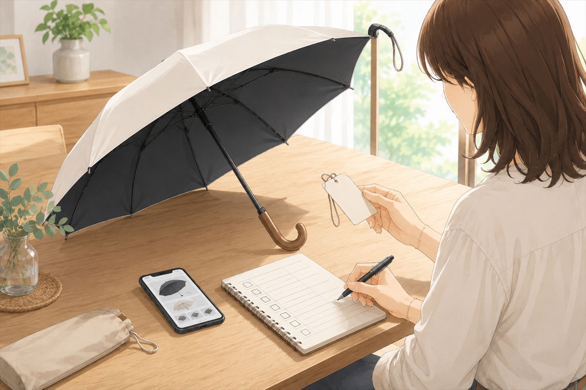晴雨兼用日傘を買う前にチェックリストで確認する様子