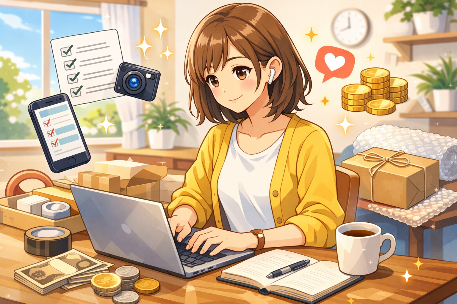 自宅で働く女性と作業空間