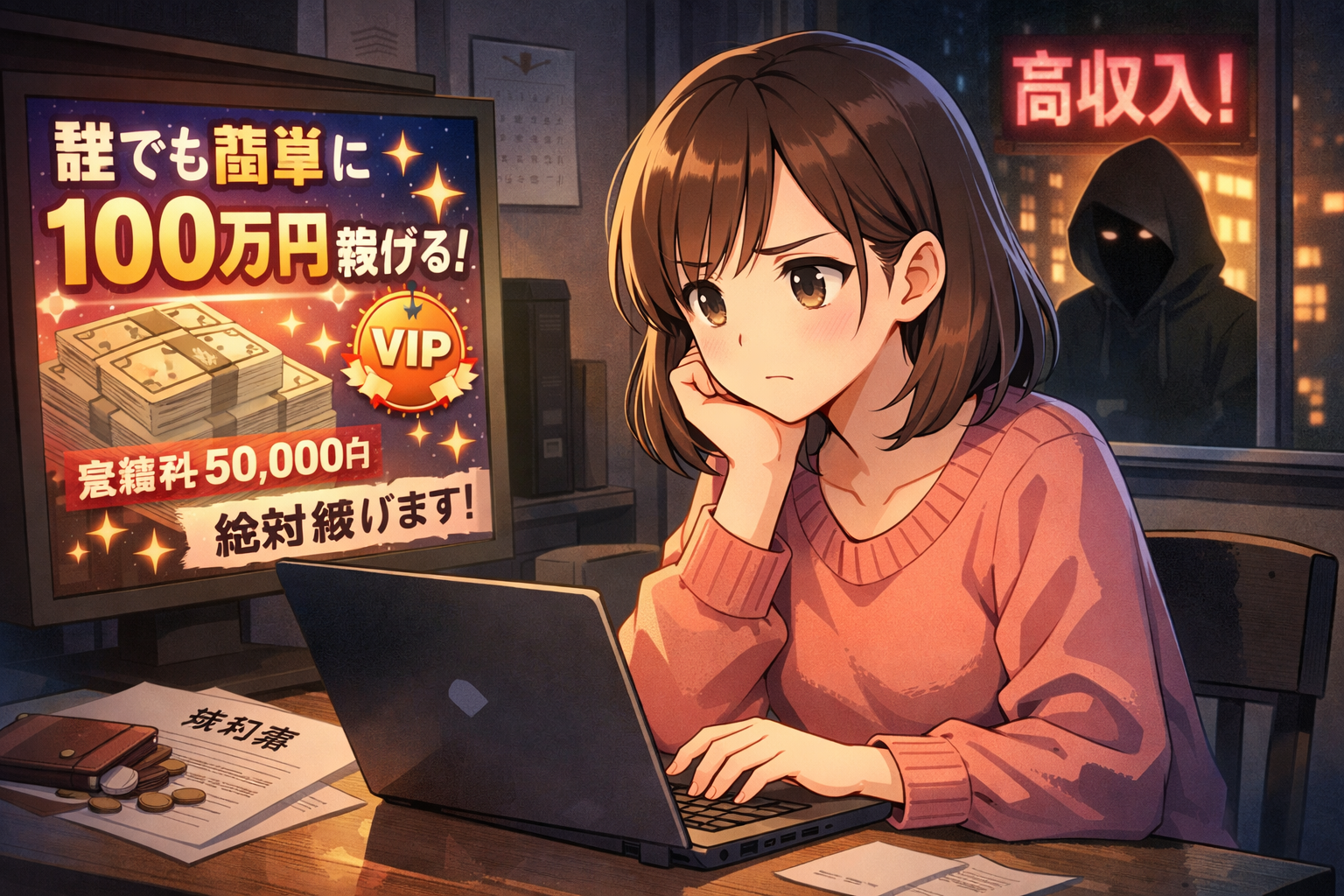 警戒する女性と怪しい広告