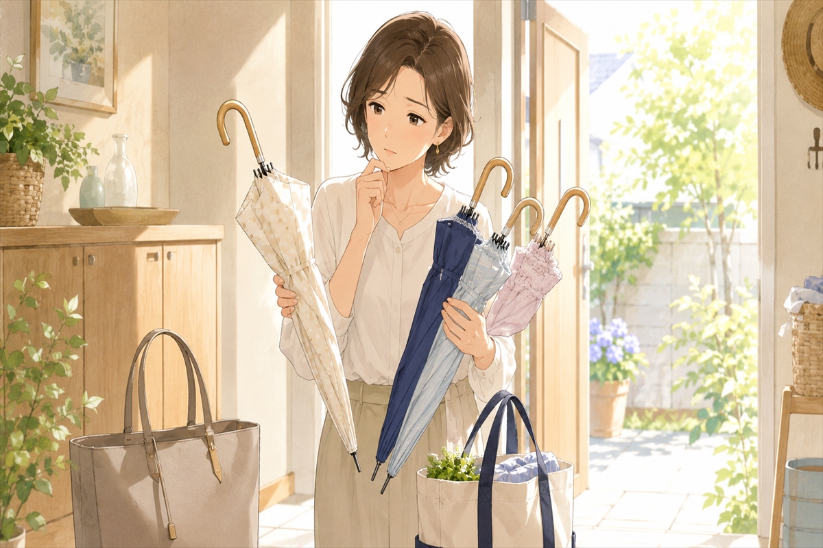 安い日傘でも後悔しにくい選び方を確認する女性の様子