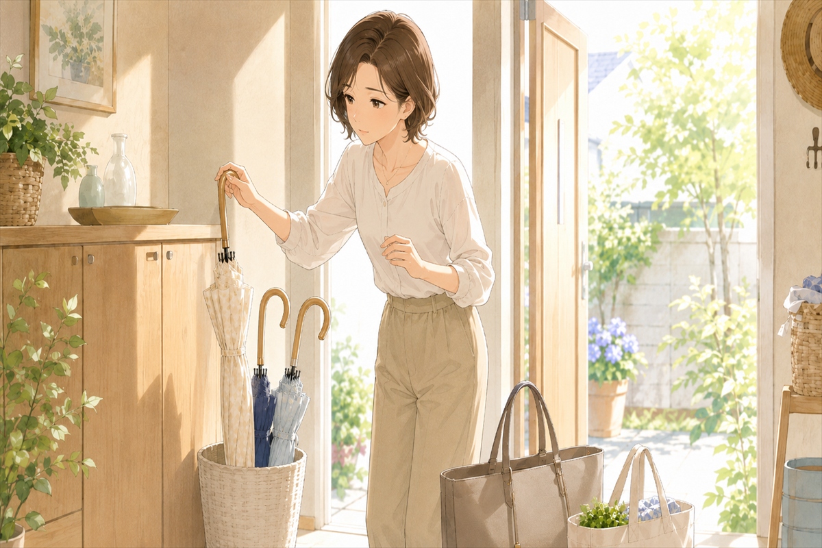 安い日傘を買っても大丈夫か外出前に考える女性の様子