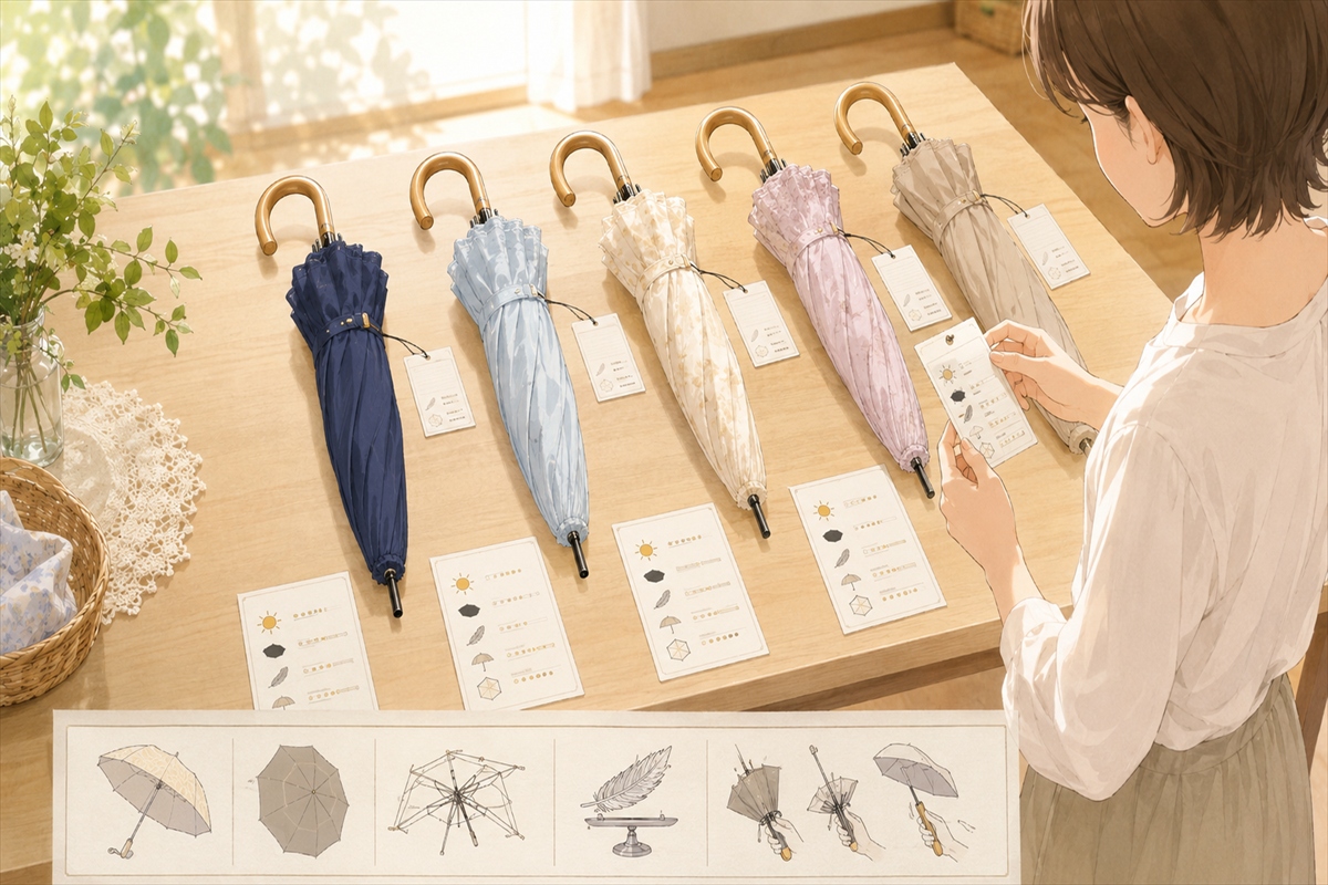 安い日傘のUVカット率や遮光率を商品タグで確認する様子