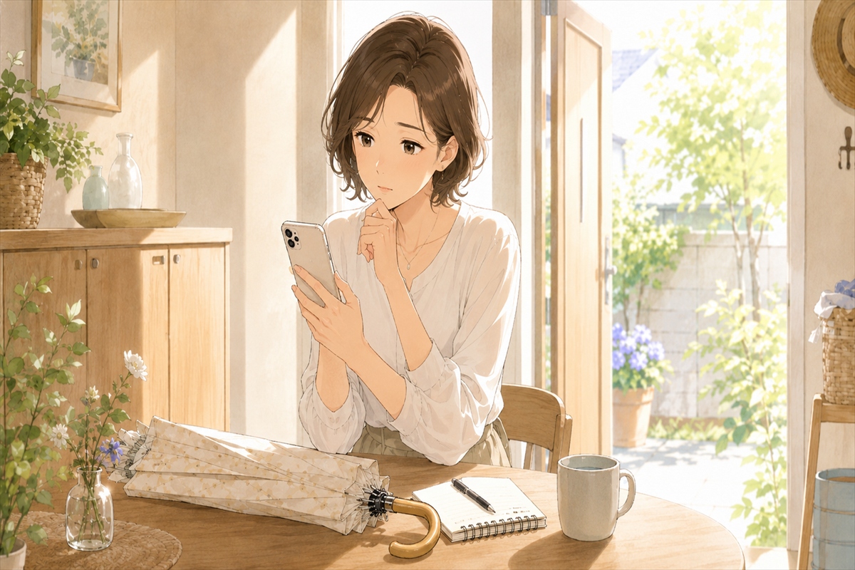 安い日傘を購入する前にスマホで商品説明とレビューを確認する様子
