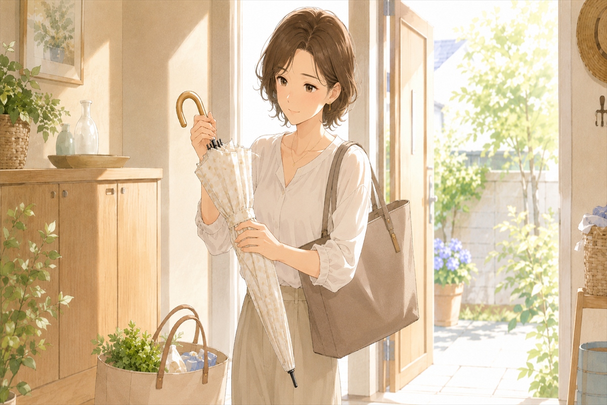 玄関で安い日傘を手に取り夏の外出に向かう女性の様子