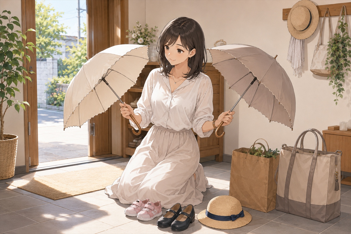 送迎前にアイボリーとグレージュの日傘を選ぶ20代30代主婦