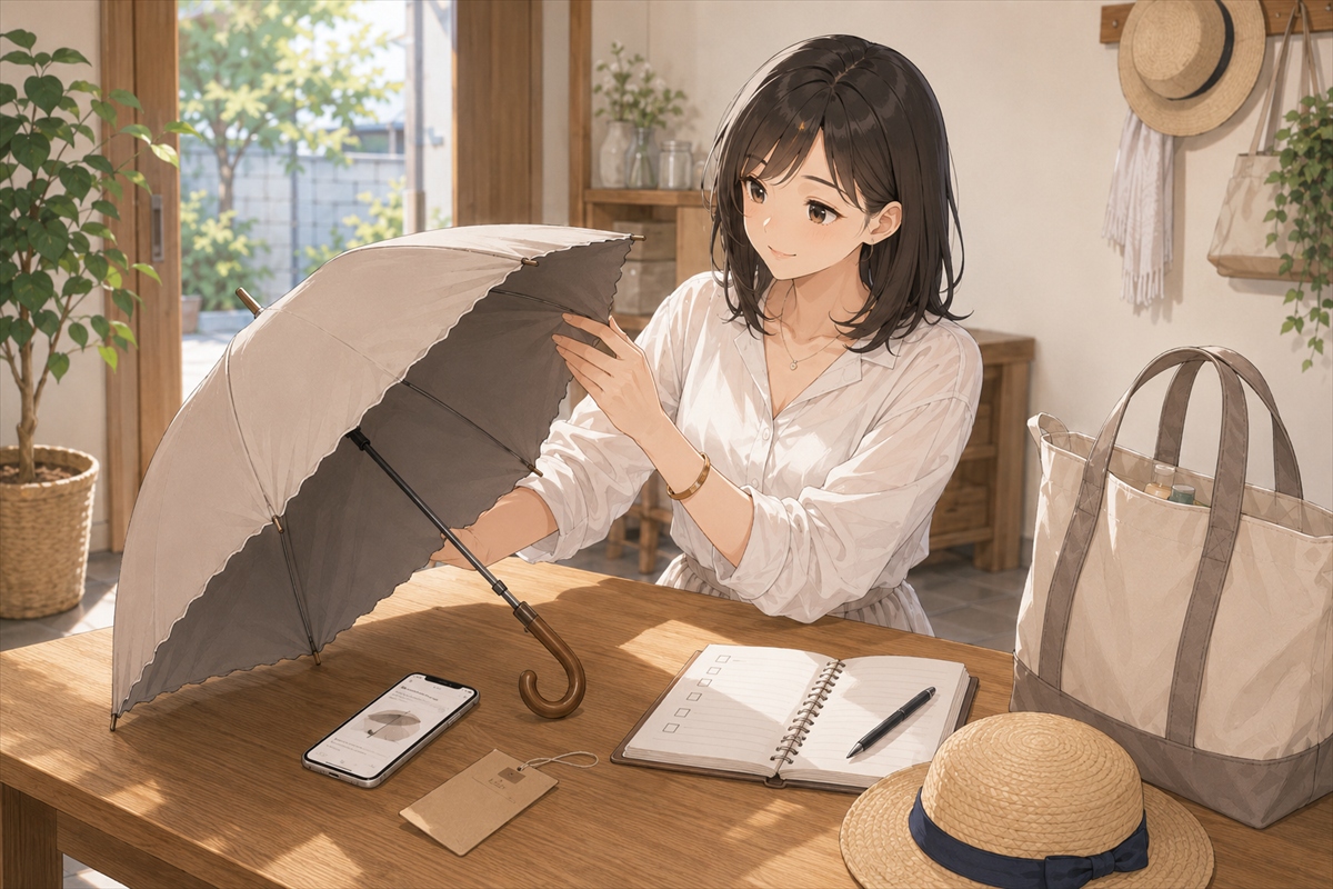 20代30代主婦が日傘の色選びで購入前チェックリストを確認する様子