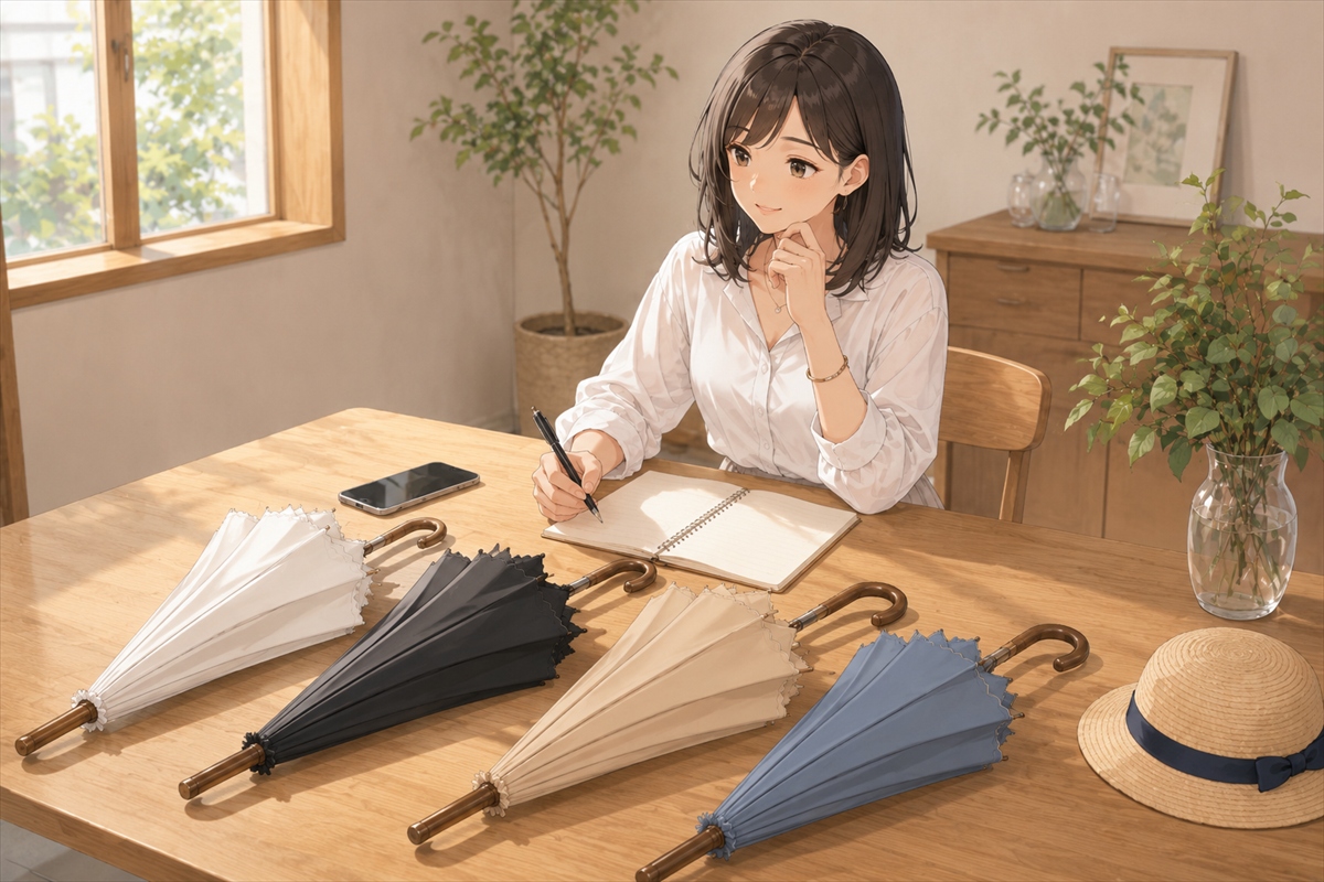 日傘の白黒やベージュやくすみカラーについて疑問を整理する様子