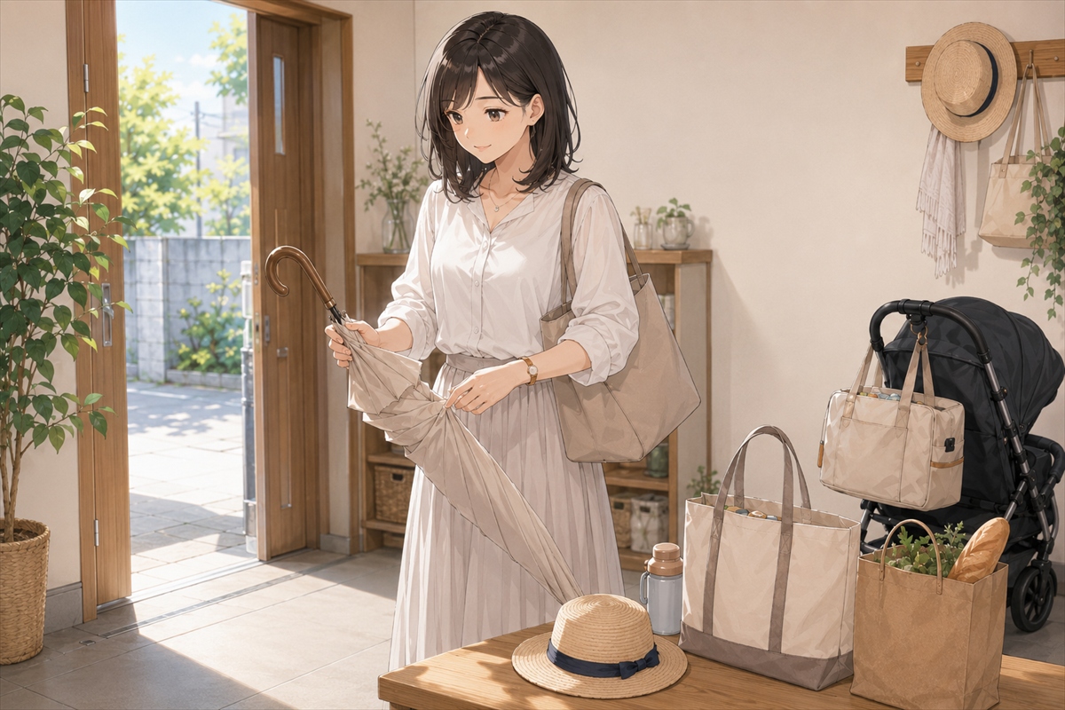20代30代主婦が玄関でグレージュの日傘を手に取る様子