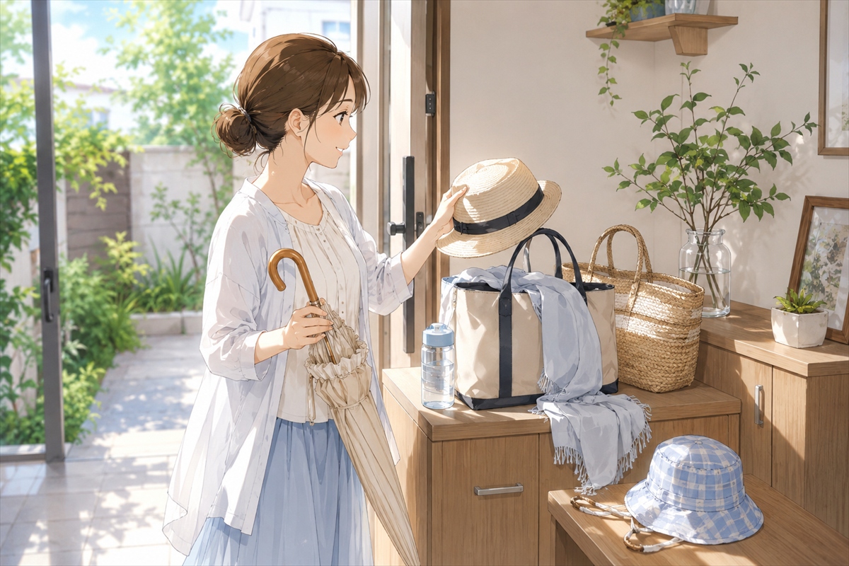 涼しい日傘と帽子や飲み物を外出前に準備する様子